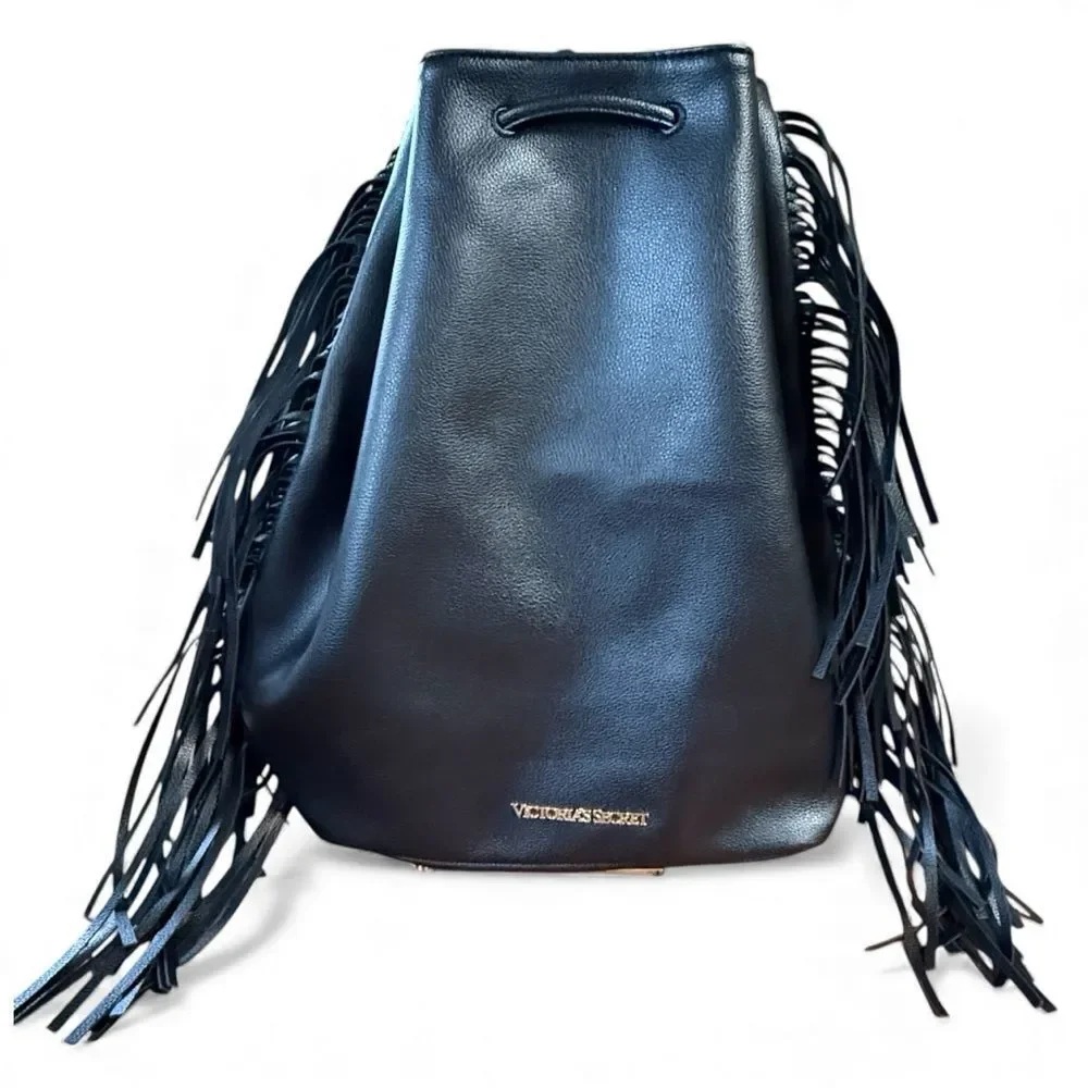 NWT Victoria’s Secret Women's Black Fringe Drawstring Backpack - Picture 2 of 10